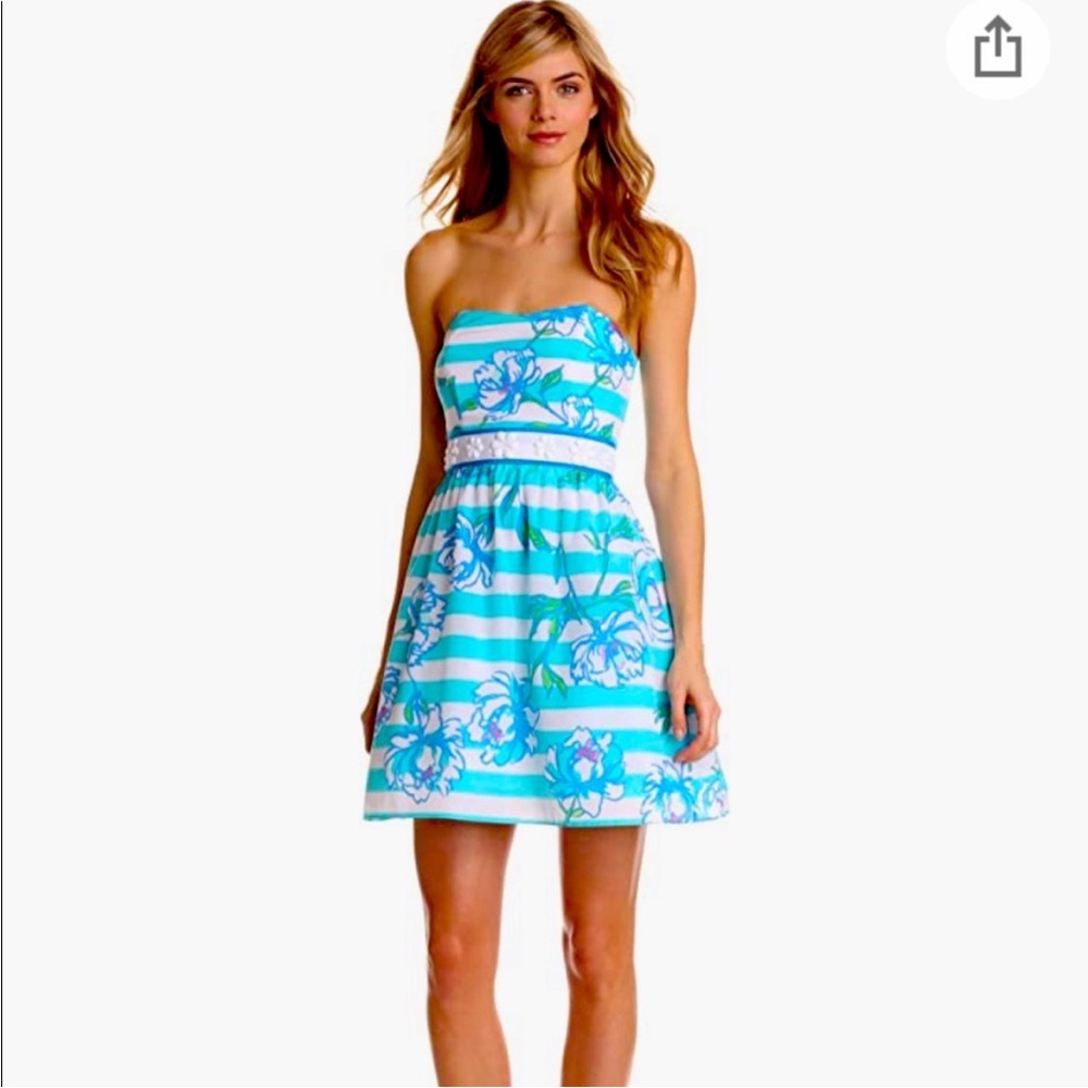 Lilly Pulitzer Langley Strapless Dress Shorely Blue Tossing the Line Size 12